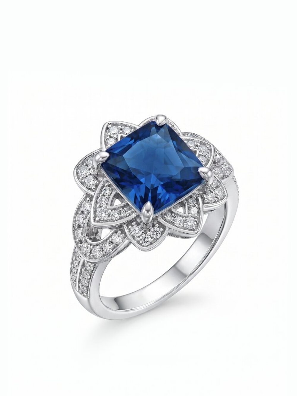 Princess Cut Floral Halo Ring - Blue Sapphire, Liz Halston 925 Sterling Silver